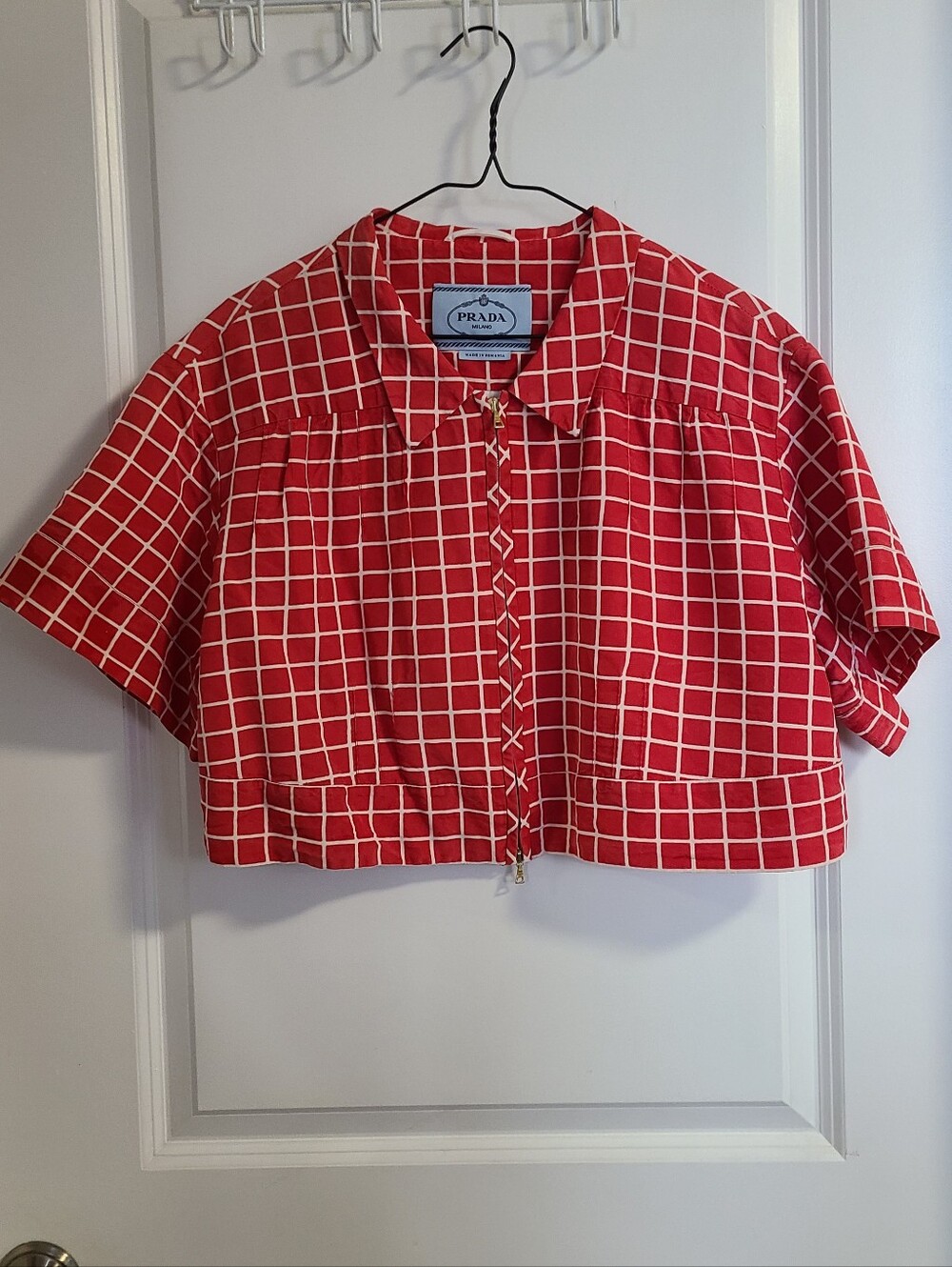 Prada Red and White Grid Cropped Jacket